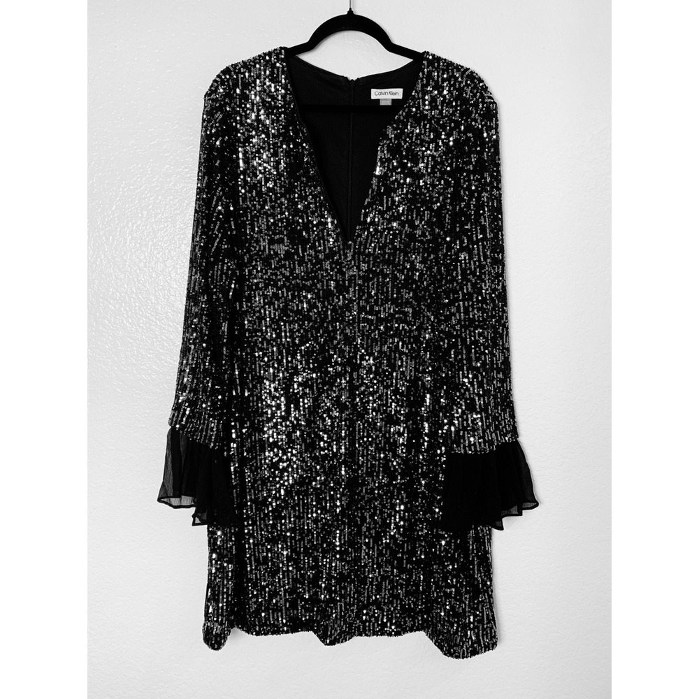 Calvin Klein Sequin Dress Women 22W Black V-Neck Ruffle Cuff Mini Cocktail Party